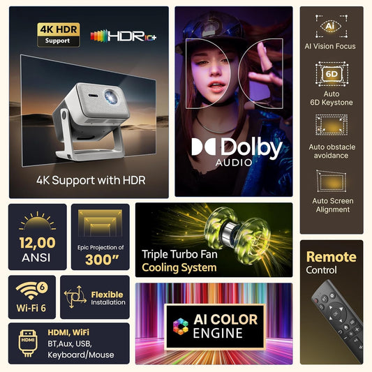 Crossbeats Lumex Vista Projector 4K Ultra HD [Dolby Audio Official] Android TV, 1080p Native, 1200 ANSI, 300'' Display, WiFi, Smart Mini Projector...